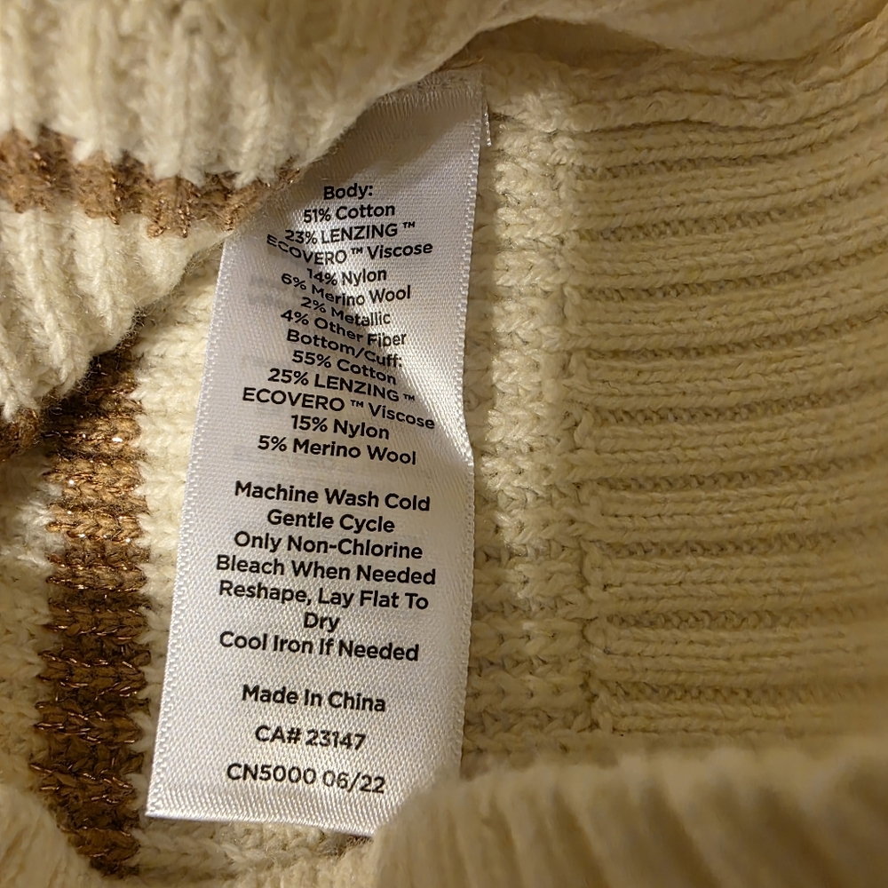 Talbots Metallic Gold & Cream Striped Shoulder Button Sweater - Large. - Picture 5 of 7